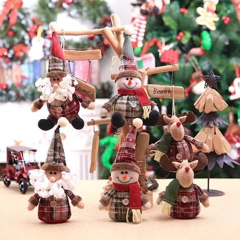 Kerstboomversieringen Cartoon Kerstman Sneeuwpop Rendier Pluche Poppen Geruite Stof Hangende Decoraties Huisdecoratie