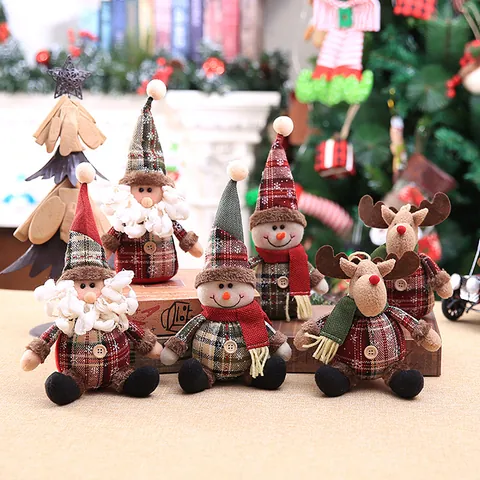 Kerstboomversieringen Cartoon Kerstman Sneeuwpop Rendier Pluche Poppen Geruite Stof Hangende Decoraties Huisdecoratie