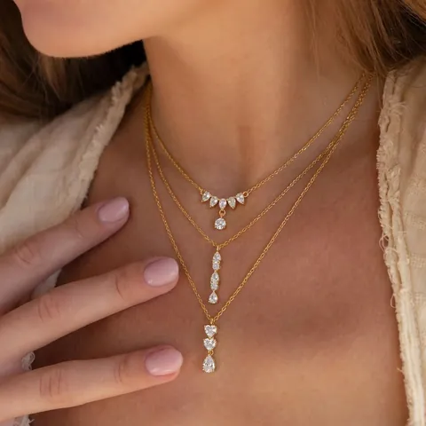 Minimalist Gold Plated Copper Zirconia Pendant Necklace For Women Elegant Water Drop Fan Shaped Heart Fashion Jewelry Gift