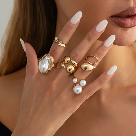 Alloy Rhinestone Artificial Pearl Ring Set Irregular Niche Gold Silver Plated Stackable Rings For Women Fashion Jewelry