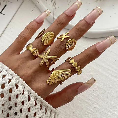 Vintage Ocean Theme Metal Rings For Women Gold Silver Starfish Shell Imitation Artificial Pearl Adjustable Open Finger Rings Boho Resort Jewelry