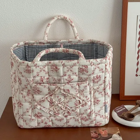French Vintage Cotton Quilted Storage Basket With Handles Floral Vine Print Fabric Organizer Bin For Home Organization