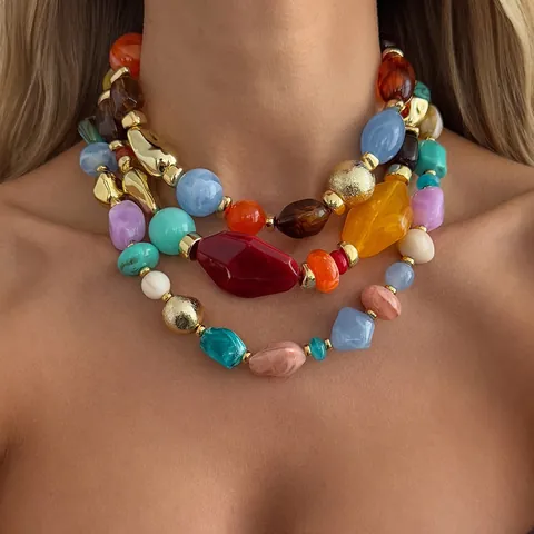 Collana di Perline in Resina Colorata Vintage Bohemian per Donna Perla Artificiale Girocollo Geometrico Irregolare Multicolore Gioielli