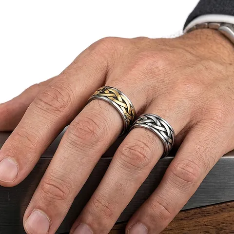 Bague en Acier Inoxydable avec Nœud Celtique Viking Vintage pour Hommes Bague Large Style Punk Nordique Bicolore Or Argent
