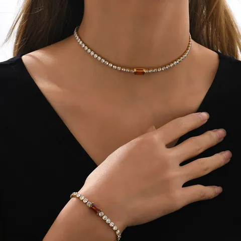 Stainless Steel Tennis Chain Necklace Bracelet Gold Plated Emerald Cut Zirconia Elegant Fashion Clavicle Jewelry For Women