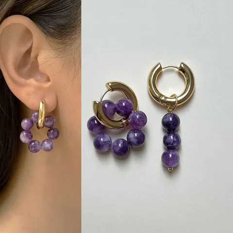 Natural Stone Hoop Earrings 18K Gold Plated Titanium Steel Asymmetric Bead Cluster Dangle Minimalist Fashion Jewelry Women
