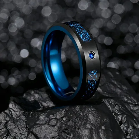 Men's Vintage Tungsten Carbide Celtic Dragon Pattern Ring With Blue Rhinestone Inlay Retro Black Blue Band Ring For Men