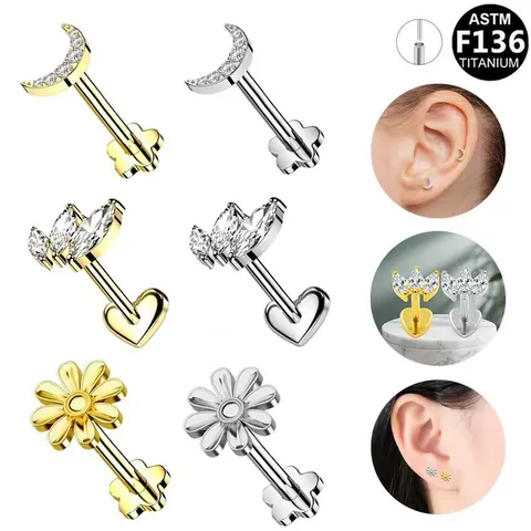 G23 Titanium Alloy Flat Back Labret Stud Earring With Rhinestone Moon Flower Marquise Fan Piercing Jewelry For Women Men