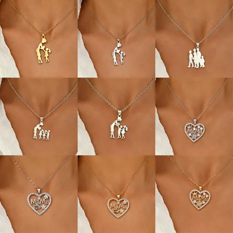 Stainless Steel Mother Daughter Silhouette Heart Pendant Necklace For Mom Mother's Day Birthday Gift Jewelry For Women