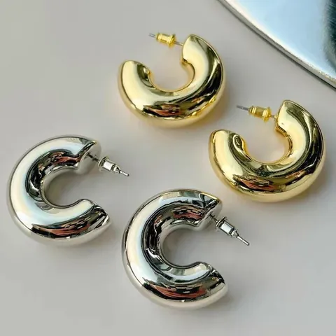 Minimalist Bold Chunky C Shape Hoop Earrings Gold Silver Plated Copper Metal Geometric Statement Earrings For Women Jewelry Gift