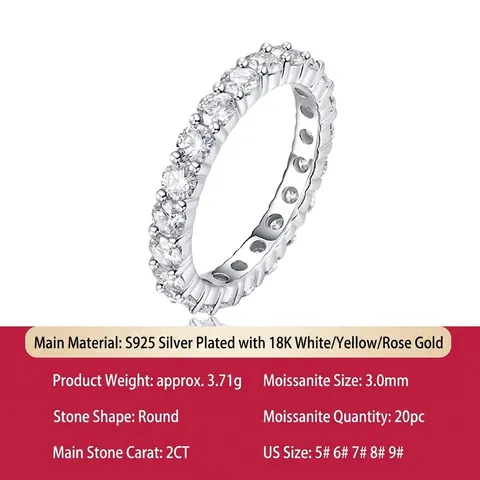 S925 Sterling Silver 18K Gold Plated Eternity Ring Moissanite Inlaid Band For Women Men Jewelry Fashion Round GRA Ring Gift
