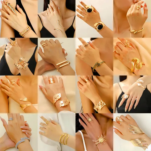Metal Leaf Wave Open Bracelet And Ring Set Minimalist Golden Silver Plated Jewelry For Women Daily Party Accessory Gift