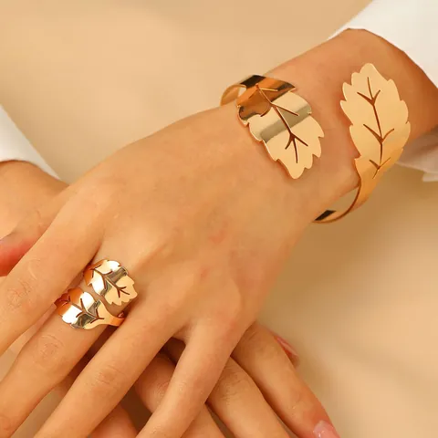 Metal Leaf Wave Open Bracelet And Ring Set Minimalist Golden Silver Plated Jewelry For Women Daily Party Accessory Gift