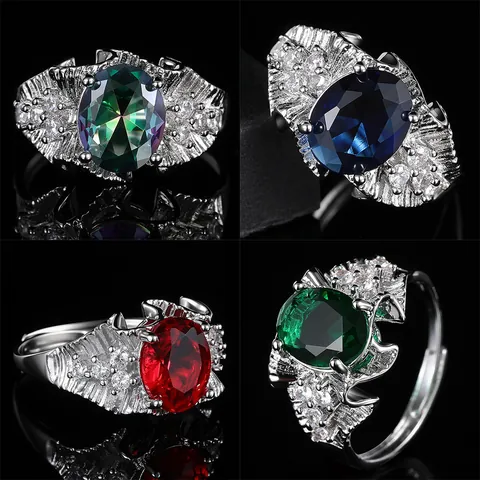 Luxury Exaggerated Large Flower Open Ring For Women Copper Colorful Zirconia Rhinestone Adjustable Statement Finger Jewelry Accessory Gift