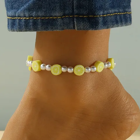 Tobillera de Cuentas de Flores y Frutas de Colores para Mujer Perla Artificial Blanca Playa de Verano Bohemio Arcilla Polimérica Cadena de Pie Ajustable Joyería de Moda