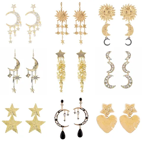 Pendientes colgantes asimétricos sol luna estrella bohemios con strass y perlas artificiales joyería mujer fiesta