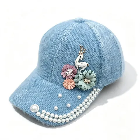 Casquette de Baseball Femme Hiver en Fausse Fourrure de Vison Style Coréen Fleurs Perles Cerf Épais Chaud Extérieur