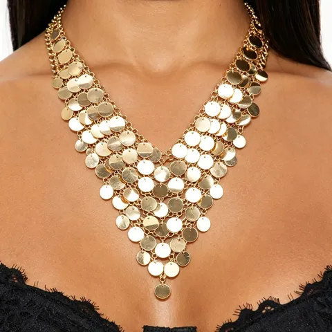 Collar de Babero de Aleación Martillada Bohemio con Lentejuelas y Flecos de Varias Capas Monedas de Oro Borla para Mujer Joyería de Fiesta
