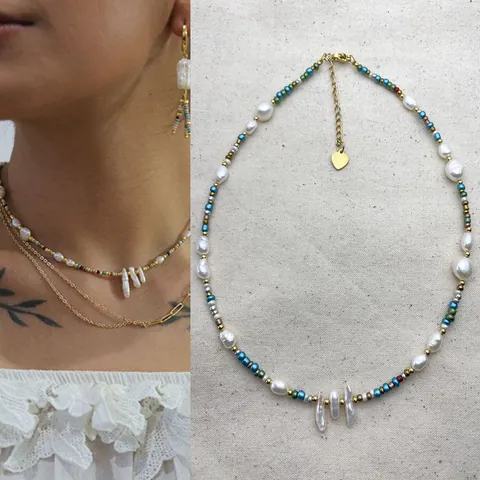 Handmade Bohemia Multicolor Seed Beads Choker Natural Baroque Freshwater Pearl Necklace Earrings Set Gold Plated Titanium Steel Vacation Jewelry For Women