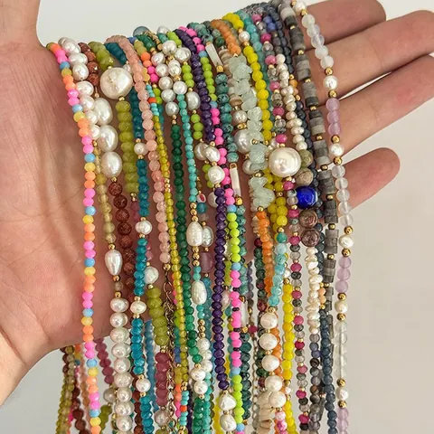 Dames Kleurrijke Natuursteen Kralen Ketting Zoetwaterparel Titanium Staal 18K Verguld Boheems Handgemaakt Verstelbaar Sieraden Cadeau
