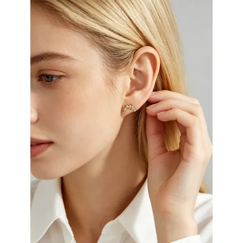Eleganti Orecchini a Bottone a Mezzaluna in Argento Sterling 925 per Donna Placcati in Oro con Zirconia Gioielli a Foglia