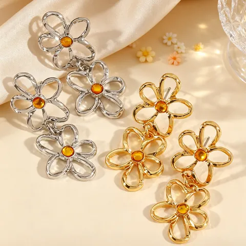 Women's Hollow Metal Flower Earrings Gold Gun Black Minimalist Geometric Lines Floral Clover Bow Stud Earrings Earring Post Jewelry