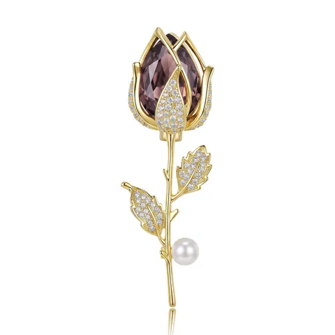 Elegant Rose Flower Brooch For Women Copper Micro-set Zirconia Pin With Artificial Pearl Vintage Suit Lapel Jewelry Accessory