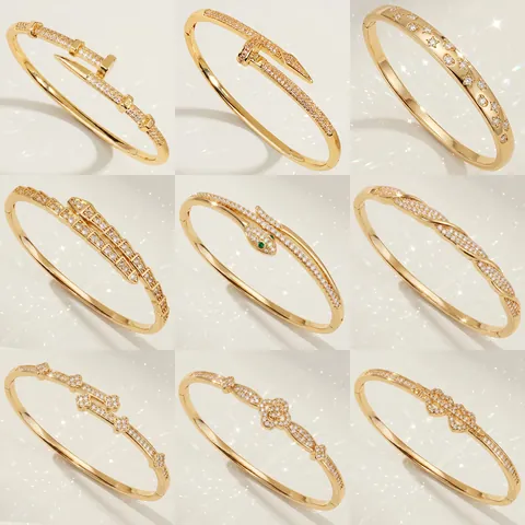 Luxury Zircon Inlaid Copper Bangle Bracelet For Women Gold Silver Rose Gold Plated Nail Snake Animal Design Wedding Party