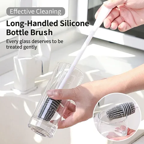Long Handle Silicone Cup Brush 360 Degree Rotating Bottle Cleaning Brush Multi-functional Soft Bristle Scrubber For Home Kitchen