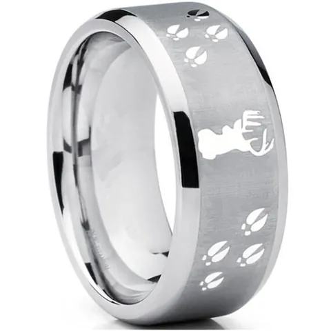 Anillo de Acero Inoxidable Cepillado Vintage para Hombre con Reno y Huellas de Animales Banda Esmerilada Joyería Navideña Regalo