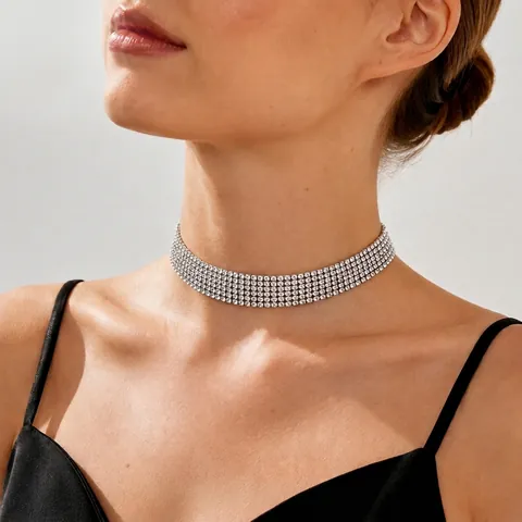 Luxury Multi Row Rhinestone Choker Necklace For Women Silver Gold Plated Crystal Collar Necklace For Wedding Party Jewelry