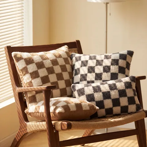 Modern Checkerboard Plush Cushion Cover Lambswool Sherpa Geometric Pillow Case Soft Minimalist Home Decor Throw Pillowcase