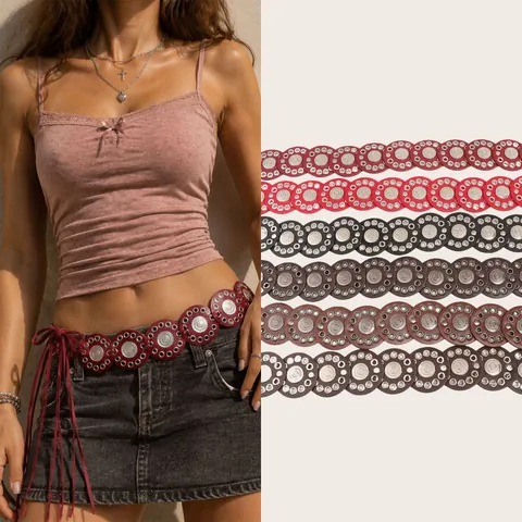 Women's Bohemian Vintage PU Leather Waist Belt Punk Metal Coin Circular Disc Tied Waist Chain Fashion Ethnic Style Adjustable Belt
