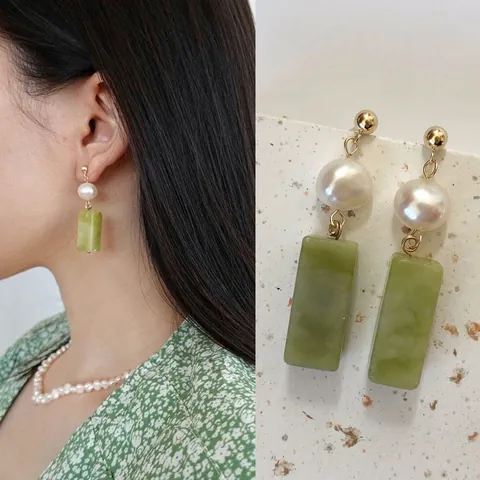 Vintage Elegante Natuursteen Kralen Zoetwater Parel Oorbellen Titanium Staal Verguld Groene Steen Oorbellen Vrouwen Sieraden Cadeau