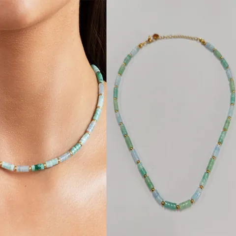 Pulsera Collar de Acero Inoxidable Chapado en Oro de 18K con Piedras Naturales para Mujer Joyería Bohemia de Cuentas de Cilindro