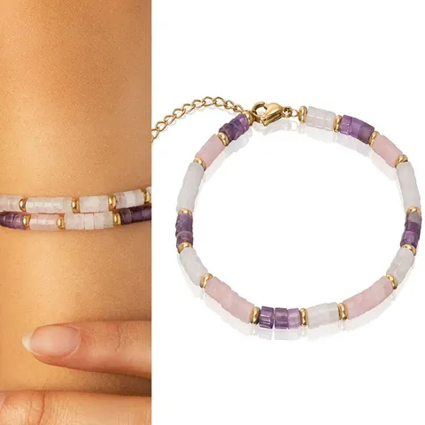 Pulsera Collar de Acero Inoxidable Chapado en Oro de 18K con Piedras Naturales para Mujer Joyería Bohemia de Cuentas de Cilindro
