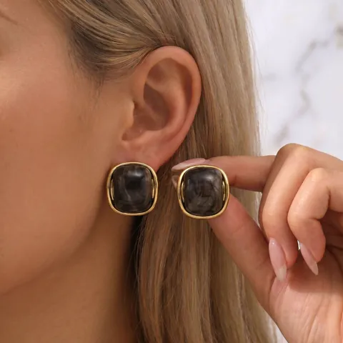 Vintage Orecchini a Bottone Quadrati in Acciaio Inossidabile Placcato Oro 18K Intarsio in Resina Colorata Gioielli Donna