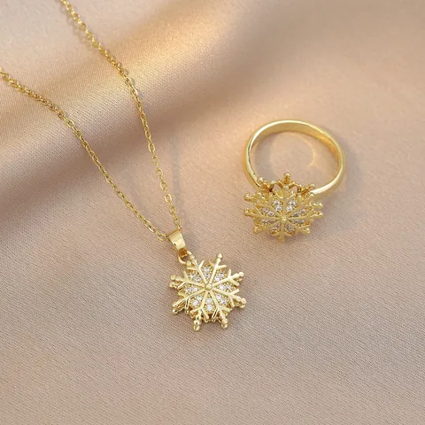 Rotierendes Schneeflocke Zirkon Blume Anhänger Halskette Ring Schmuckset Für Damen Gold Silber Edelstahl Mode Halsschmuck Zubehör