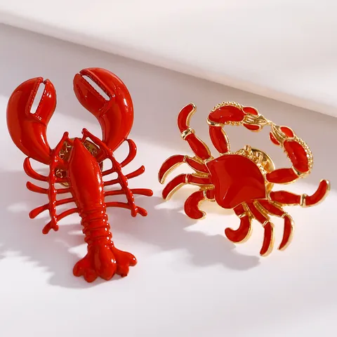 European American Beach Ocean Resort Style Zinc Alloy Drip Oil Red Lobster Crab Animal Brooch Pin Fashion Jewelry Gift