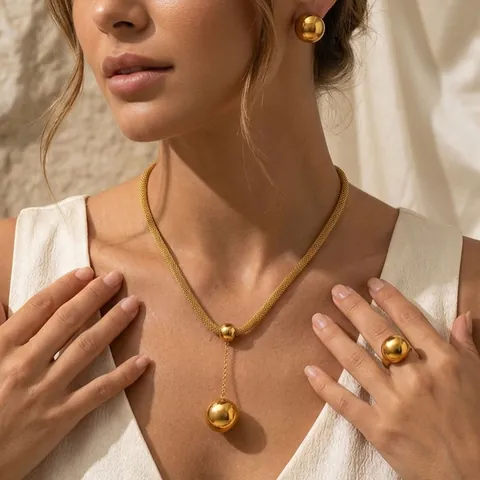 Stainless Steel Jewelry Set For Women Gold Ball Pendant Necklace Mesh Chain Hemisphere Stud Earrings Adjustable Open Ring Fashion Jewelry