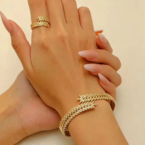 Luxury Copper Zirconia Feather Leaf Adjustable Open Ring And Cuff Bracelet For Women Silver Plated High Quality Jewelry