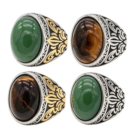 Vintage Heren Titaniumstaal Ring Ovale Edelsteen Tijgeroog Zwarte Agaat Punk Gothic Reliëf Verouderde Vingerring Sieraden