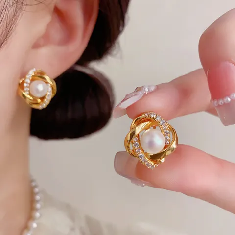 Orecchini a Bottone in Rame Placcato Oro 14K Perla Artificial Con Perno in Argento Sterling 925 Zirconia Strass Gioielli Donna