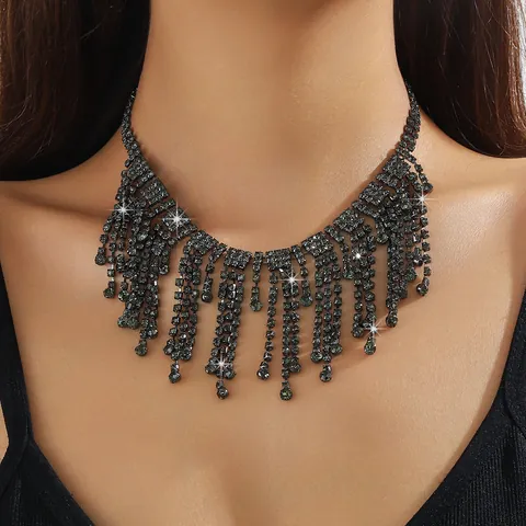 Luxury Alloy Rhinestone Tassel Choker Necklace For Women Statement Silver Fringe Collar Necklace For Wedding Party Jewelry