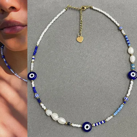Boheems Boze Oog Kralenketting Handgemaakte Zaadkraal Titanium Staal 18K Verguld Zoetwaterparel Choker Voor Vrouwen Sieraden