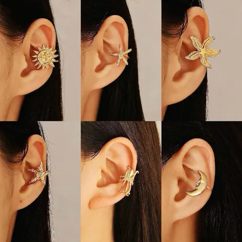 Western Style Alloy Ear Cuff Set Gold Starfish Sun Moon Flower Non Piercing Clip On Earrings For Women Fashion Jewelry