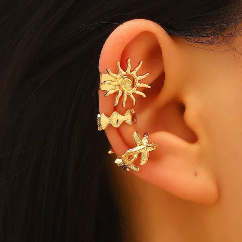 Bohemian Gold Starfish Sun Moon Flower Non Pierced Ear Cuffs Vintage Electroplated Alloy Ear Bone Clips Vacation Jewelry For Women