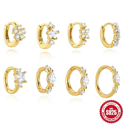 925 Sterling Silver Gold Plated Huggie Hoop Earrings With Zirconia Flower Star Geometric Ear Cuff Jewelry For Women