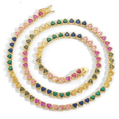 Collana Tennis Hip Hop con Zirconia a Cuore Colorato Rame Placcato Oro Vero Iced Out Catena a Cuore Arcobaleno Gioielli per Uomo Donna
