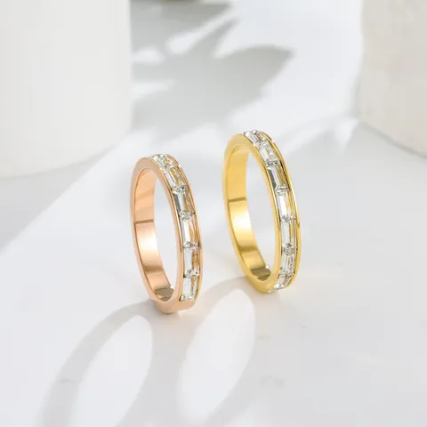 Minimalist Stainless Steel Baguette Rhinestone Ring For Women Gold Rose Gold Plated Half Eternity Band Finger Ring Jewelry